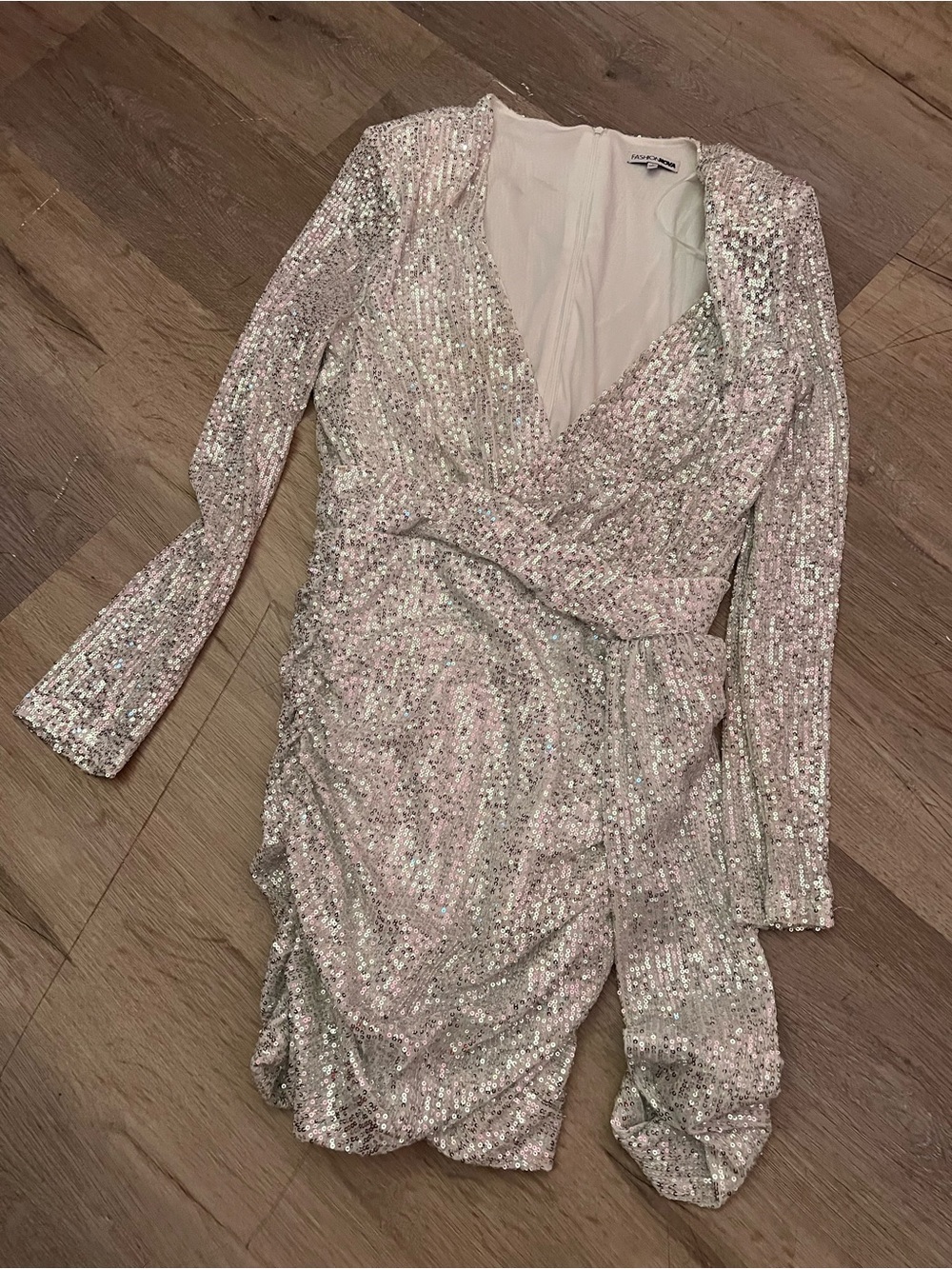Fashion Nova Silver Sequin Long-Sleeve Wrap Mini Dress